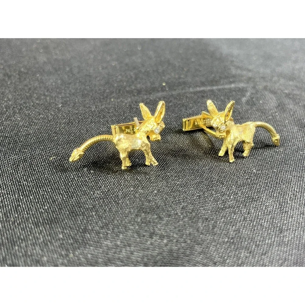 Vintage Democratic Donkey Cufflinks Set Gold Tone CZ Eyes PAT.‎ 2920363